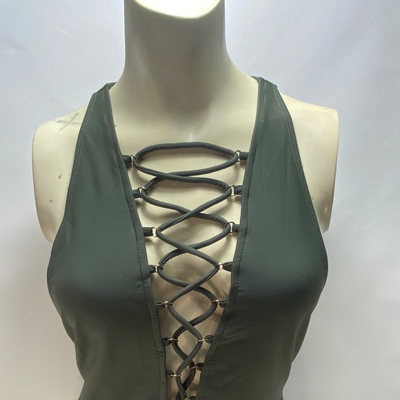 Forever 21 Womens One Piece Swim Suit Medium Forest Green Lace Front Back Zipper - Picture 2 of 16